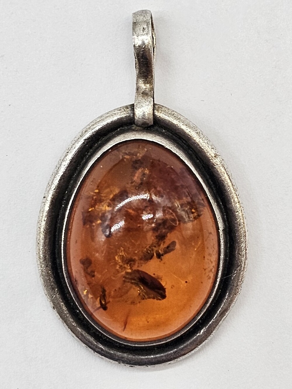 Sterling Silver Amber Oval Pendant - Cognac Amber Vintage Signed 925 Large 2"